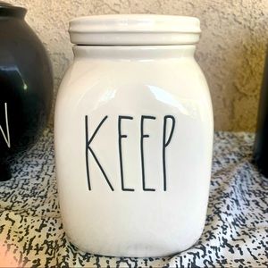 New Rae Dunn KEEP square shaped canister jar with flat top lid White with Black